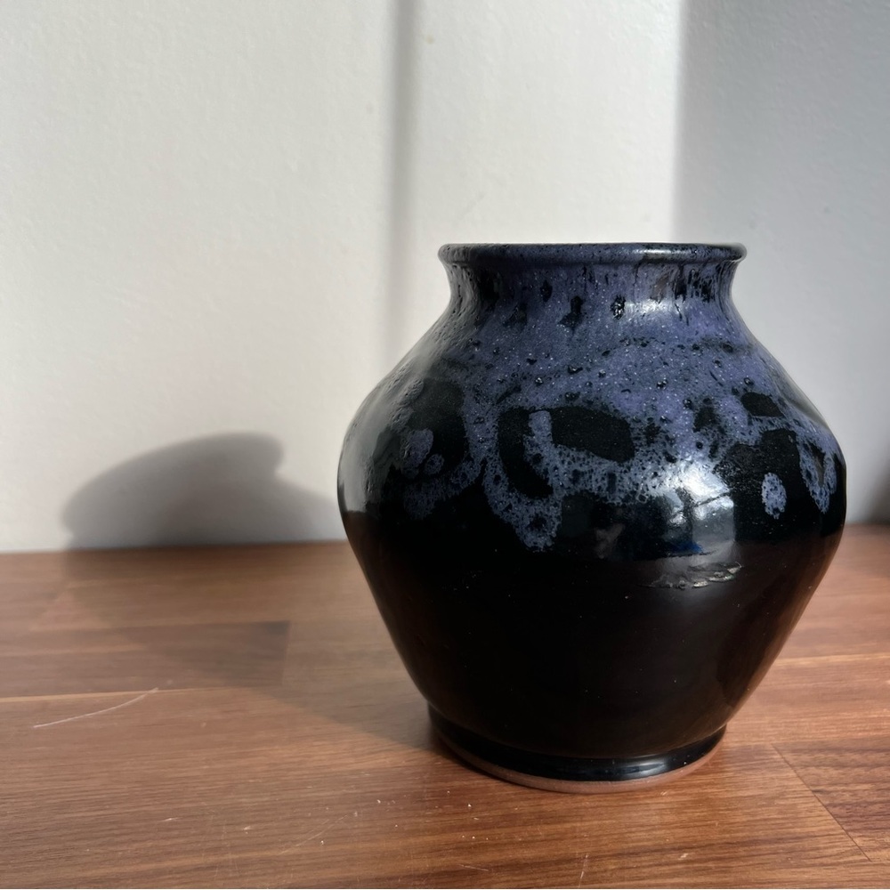 Textured Glaze Brutalist Ceramic Pottery Vase Black and Blue/Purple
